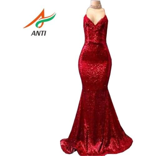 ANTI Sexy Sparkle Red Sequined Mermaid Prom Dresses 2019 Deep V-neck Backless Long Prom Gown Elastic Plus Size Vestido Formatura