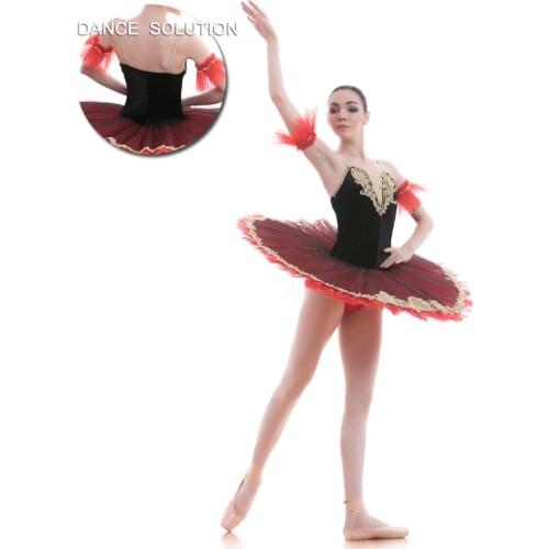 Gold Sequin Trim Professional Ballet Dance Tutu with Black Velvet Bodice and Red Pancake Tutu Skirt BLL012