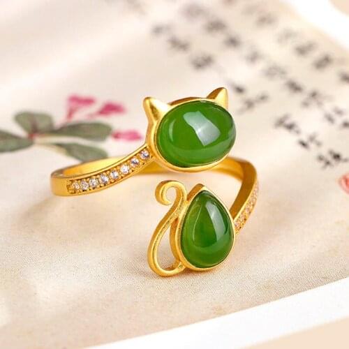 Natural Hetian jasper cat opening adjustable ring cute romantic unique ancient gold craft charm womens silver jewelry
