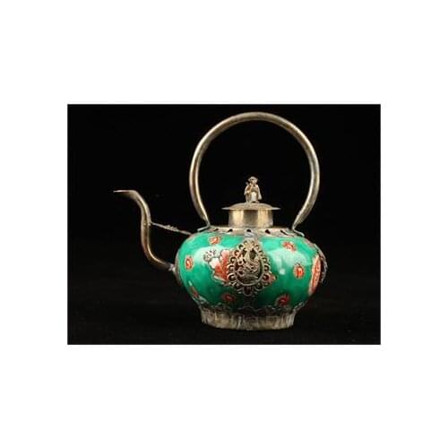 Crafts Arts Collection Handmade Old decorated porcelain Tibet Silver Monkey Teapot Garden 100% real Tibetan Silver Brass