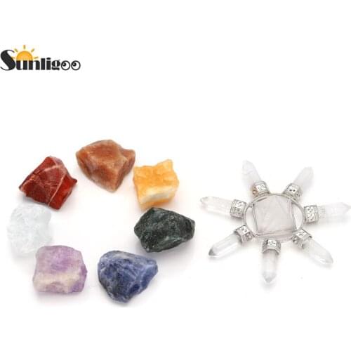 Sunligoo Reiki Healing 7 Chakra Crystal Kit/7 Chakra Clear Quartz Pyramid Crystal Energy Generator&7 Chakra Healing Rough Raw St