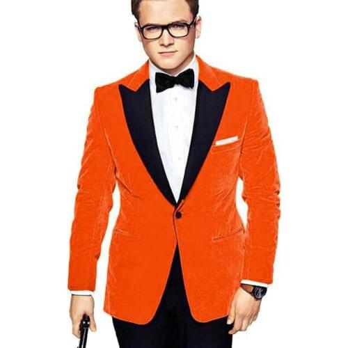 Taron Egerton Orange Velvet Men Suits Peaked Lapel Two Piece Wedding Groom Tuxedos Evening Party Suit Jacket Black Pants