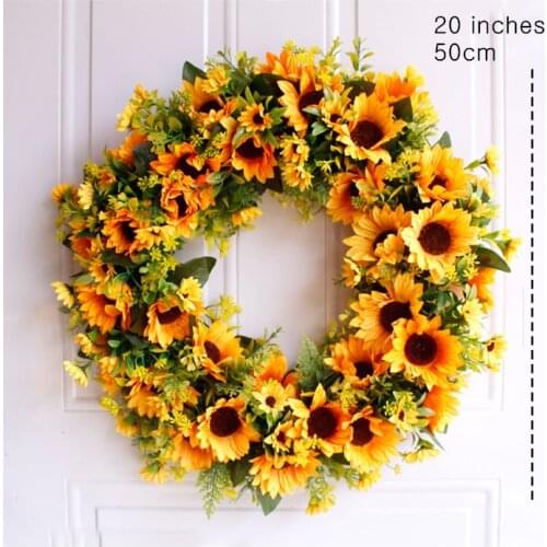 20'' Wedding Party Front Door Wreath Sunflower Summer Garland Wreath Door Decoration Rattan Floral Wreath Artifical Flowers