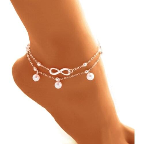 Vintage Antique Silver Color Anklet Women Simualted Pearl 8 Pattern Bohemian Ankle Bracelet cheville Boho Foot Jewelry