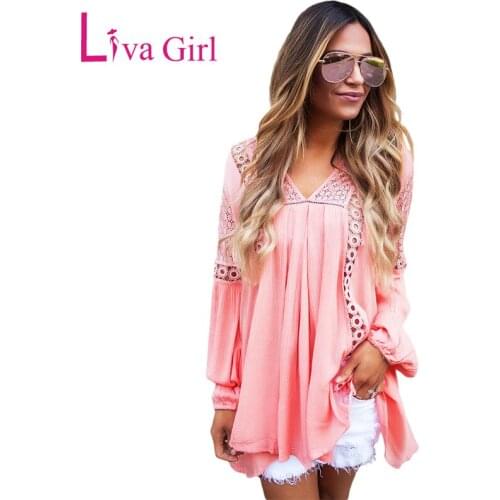 LIVA GIRL Crochet Lace Trim Sheer Long Sleeve Tunic Tops Women Plus Size Ruched Sexy Hollow Out V-Neck High Low Hem Loose Shirts