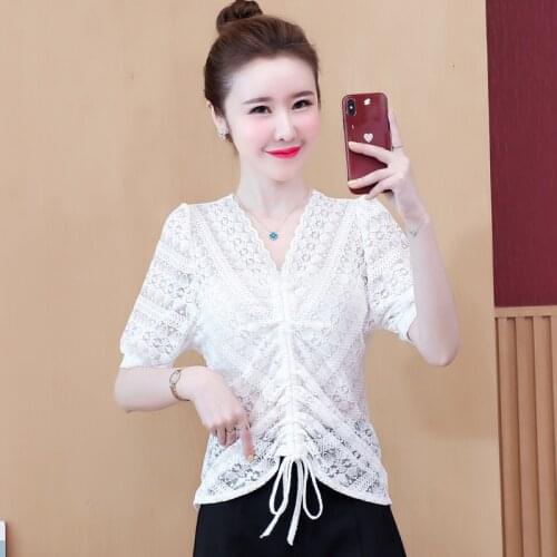 #8238 Summer Black White Lace Blouse Women V Neck Drawstring Half Sleeve Blouse Femme Hollow Out Sexy Short Tops Female Slim