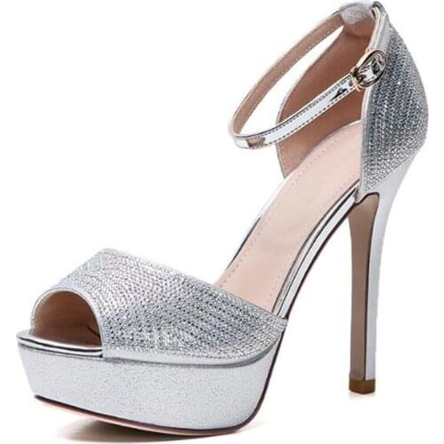 Women Sandals 12CM Thin High Heels Sequined Cloth Buckle Strap Peep Toe Rhinestone waterproof fashion Dress Party women shoes