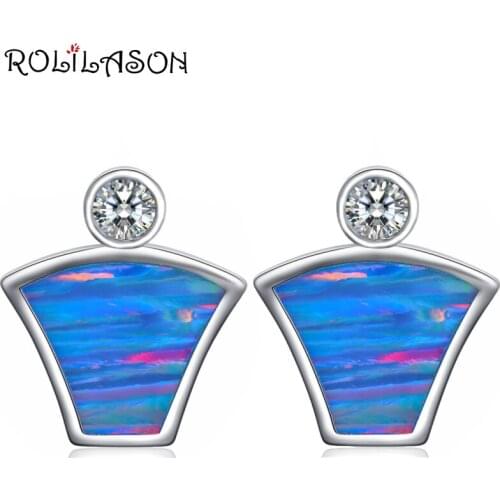 ROLILASON Trendy silver plated blue with orange Fire Opal wedding Gift for women Stud Earrings Fashion Jewelry OE724