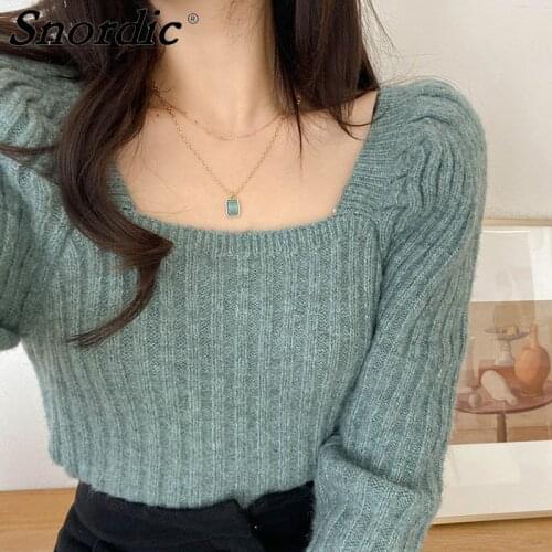 2021 Women Autumn Lake Blue Slim Wool Blended Sweaters Square Collar Short Knitted Pullover Jumpers Inside Wear or Outer Wear