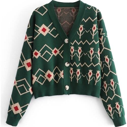 2021 New Fashion Woman Green Jacquard Cardigan Argyle Sweater V-neck Short Knitted Jacket Female Cardigan Sweaters