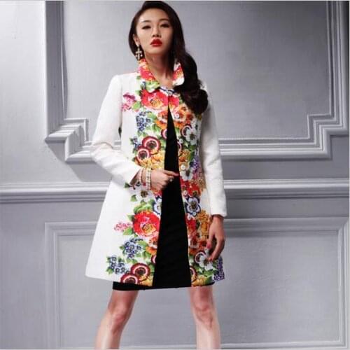 Plus size S-4XL 2020 Trench coat women turn-down collar white Women flower print jacquard outerwear Womens Overcoat jacket