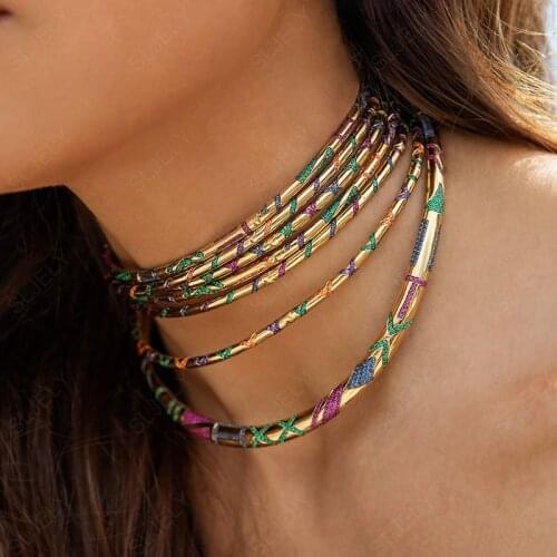 SLJELY Luxury Pure 925 Sterling Silver Colorful Zircon Stones Geometric Shape Tribal Choker Yellow Gold Color Women Mana Jewelry