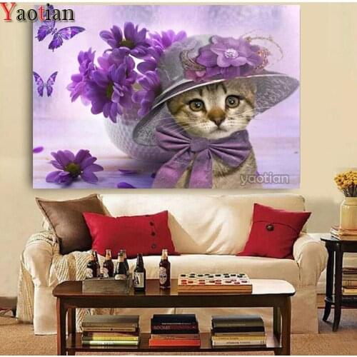 5D Diamond Painting cute purple flower Cat Full Drill Square Cross Stitch Diamond Embroidery Animals Bead Picture Kits Decor