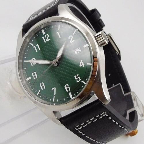 40mm Corgeut Mens Wristwatch Automatic Genuine NH35/NH35A Movement Green Dial Luminous Hands Date Leather Strap Screw In Crown