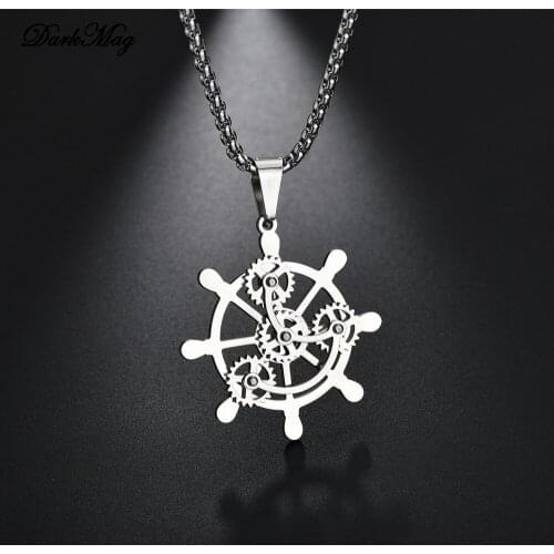 DarkMag Men Necklace Rudder wheel gear Pendant Stainless Steel Stylish Male Jewelry Sailor Navy Accessories Gift