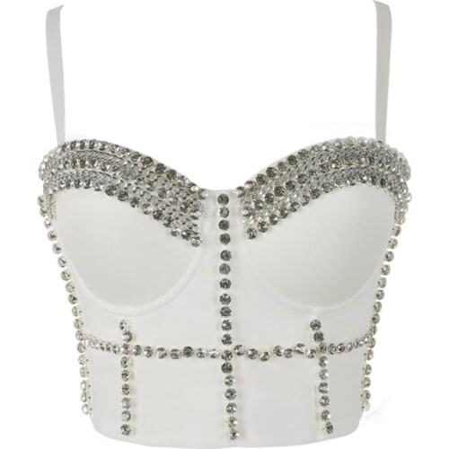 Women Diamond Chain Mesh Bustier Crop Top Spaghetti Strap Jewelry Push Up Corset Camisole Vest Night Club Party Bralette