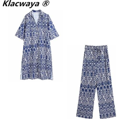 Klacwaya Women Printed 2-piece Set Fashion Side Vents Long Blouses Female Elastic Waist With Drawstring Wide Leg Trousers Suit