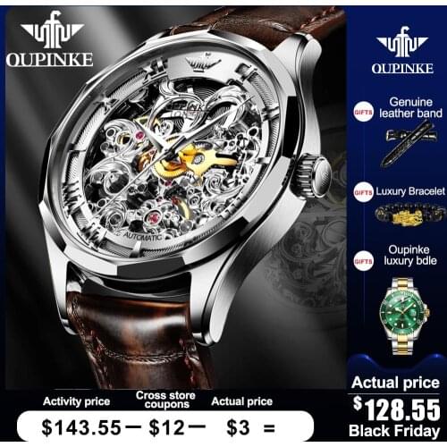 Men mechanical wristwatch Luxury automatic watch men Skeleton Genuine Leather Top Brand OUPINKE Tungsten steel Sapphire glass