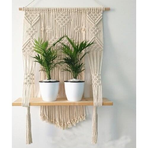 Tassel Braid Hanging Planter Basket Wall Handmade Plant Hanger Pot Tassel Wooden Shelf Tapestry Apartment Dorm Room Decoration