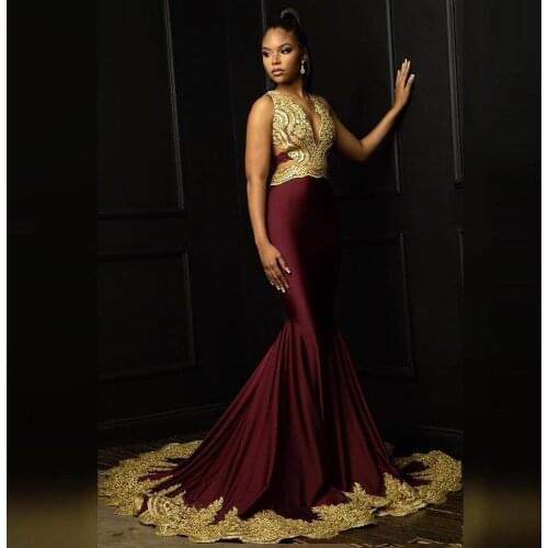 Sexy Mermaid Lace Dresses Women Formal Event Long Prom Dress Gold Appliques 2020 Evening Gowns With Train