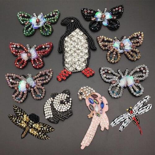 2pc Rhinestone Penguin Panda Bird Beaded Patch Clothing Sewing for Shoes Bags Apparel DIY Butterfly Dragonfly Applique