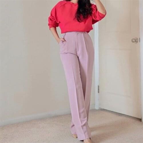 TRAF Women 2021 Fashion Solid Color Side Pocket Wide Leg Pants Retro High Waist Zipper Pants Streetwear