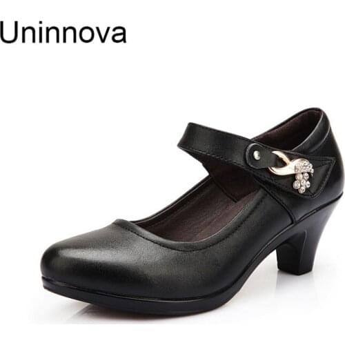 Mary Jane Pumps Genuine Leather Med Heel Crystal Ankle Shoes Black Career Working Uninnova Shallow Upper Shoesw WP075-1