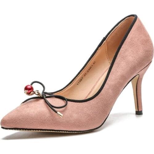 Shoes Women Pumps Pointed Toe Bow metal Basic Casual Flock Slip-On Shallow Wedding Party 8CM Thin High Heels Shoe Black pink gra