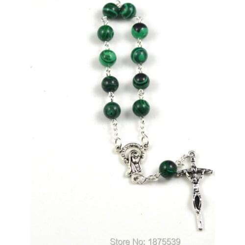 Green peacock 8 mm round bead silver plated eye pin decade rosary