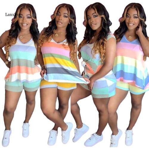 Striped Print Womens 2 Piece Set Tracksuit Cropped Sweatshirts And Shorts Women Summer NEW Sports Suits Outfit Sportswear
