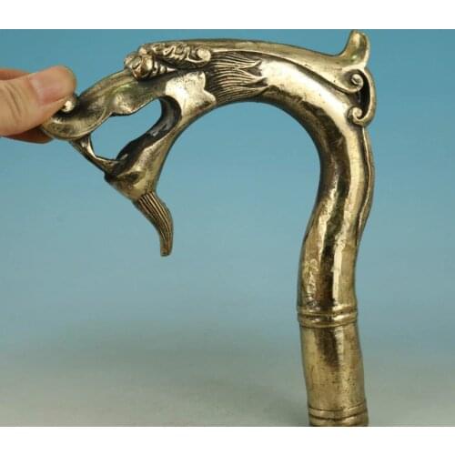 100% bronze Pure Copper Brass old Grandpa Good Lucky Walking Stick Head Big Chinese Old Handmade Carved Dragon Collect Statue