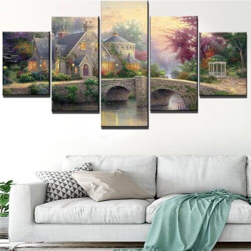 5 Pieces Wall Art Canvas Painting Village Scenery Landscape Poster Home Decoration Pictures Modern Living Room Framework