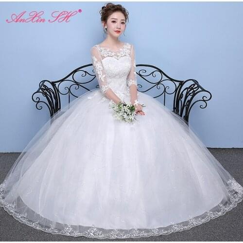 AXJFU princess flower lace wedding dress party vintage o neck half sleeve illusion ball gown sparkly white wedding dress
