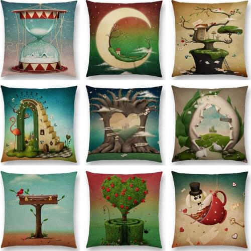 Dream World Fantasy Green Arch Colorful City Tree House Flowers Hat Flamingo Moon Fairy Tales Cushion Cover Sofa Pillow Case