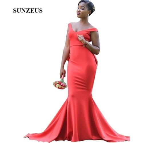 Long Red Mermaid Bridesmaid Dresses For Wedding Mermaid V-neck Off Shoulder African Party Gowns For Bridesmaids