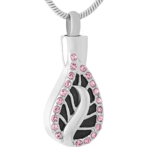 IJD9456 Hold Clear/Pink Crystal Leaf Stainless Steel Keepsake Jewelry For Ashes Memorial Cremation Urn Pendant Necklace