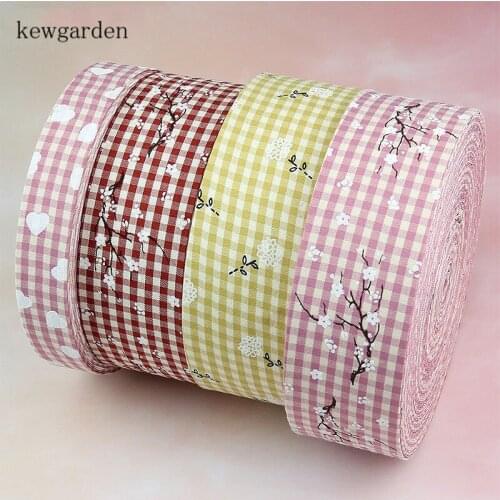 Kewgarden Plaid Flower Fabric Layering Cloth Ribbons 50mm 25mm 10mm Handmade Tape DIY Brooch Bowtie Hairband Satin Ribbon 8Meter