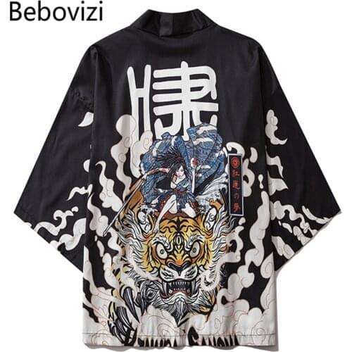 Bebovizi Harajuku Tiger Kimono Japanese Traditional Clothes Men Women Loose Anime Robe Streetwear Cardigan Yukata Male Haori Obi