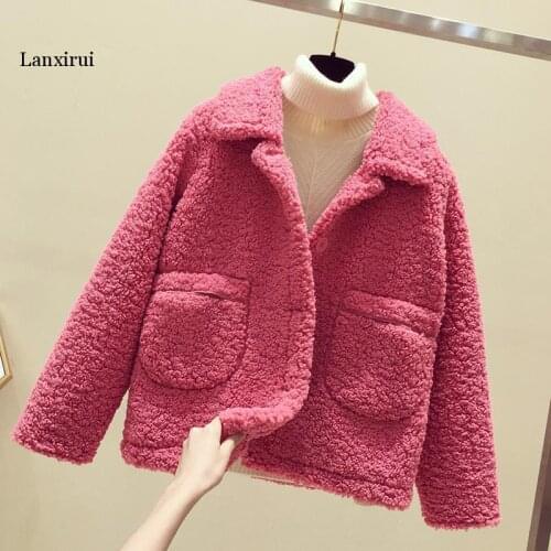 Autumn Winter Coat Women Jacket Fleece Shaggy Warm Lamb Coat Fur Parkas Short Jacket Overcoat Outwear Plus Size P866