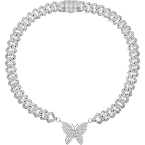 Iced Out Bling CZ Miami Cuban Link Chain Butterfly Charm Choker Necklace For Women Ladies Fashion Rock Hip Hop Jewelry Gift 2021