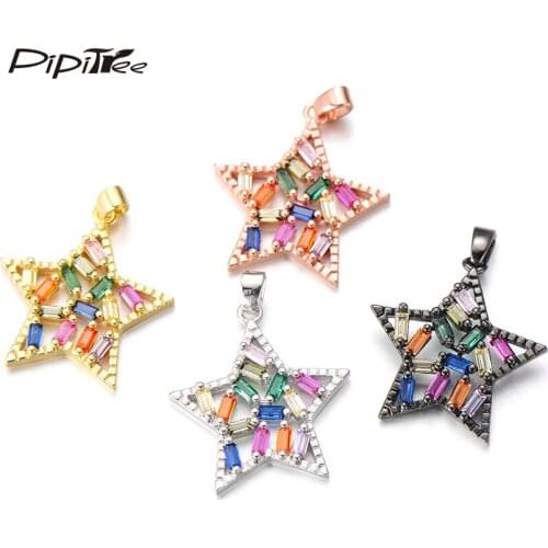 Pipitree Shiny Cut CZ Cubic Zirconia Black Gold Color Star Charm Fir Necklace For Jewelry Making Copper Accessories
