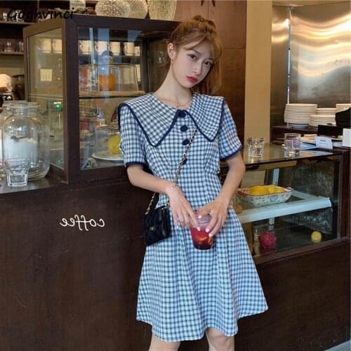 Short Sleeve Dress Women Sailor Collar Plaid Buttons Preppy Style Mini A-line Slender Korean Style Harajuku Chic Fashion Vestido
