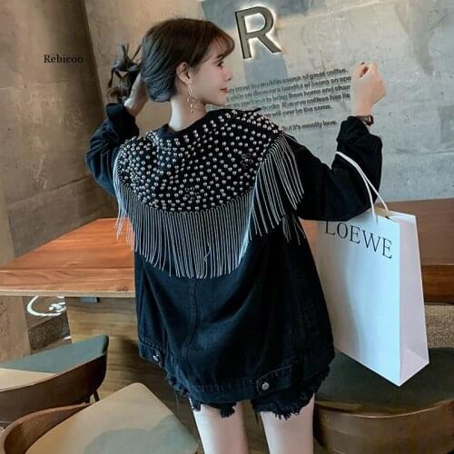 Streetwear Denim Jacket Women Hand-studded Rivet Tassel Chain Short Jeans Jacket Loose Black Coats