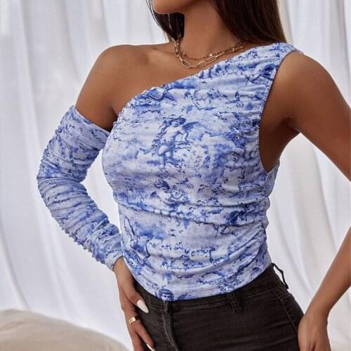 Angel Printed Crop Tops Women Slant Neck Long Sleeve One Shoulder Side Ruched T-Shirt Wild Casual Slim Y2K Clothes