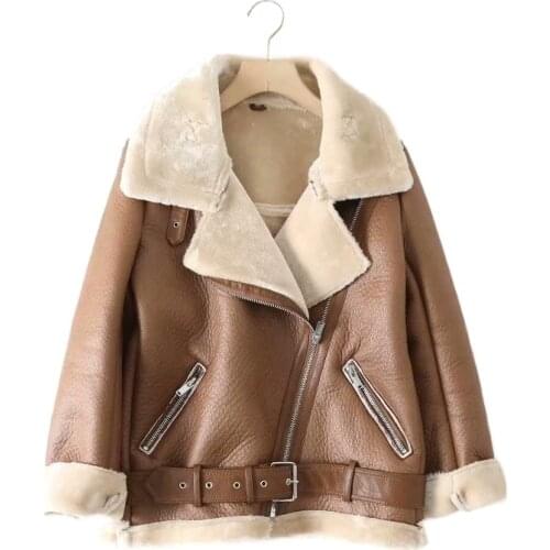 FMFSSOM New Spring Women PU Leather Jacket Faux Lamb Leather Jacket Motor Jacket Thick Faux Leather Fur Sheepskin Lapel Coat