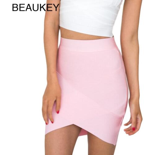 BEAUKEY Pink Rayon Cross Shaped Sexy Women Pencil Bandage Skirt Wholesale Party Club Celebrity Bodycon Pencil Mini Skirt China