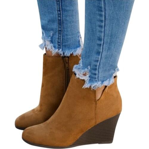 Women Pointed Toe Booties Winter Women Suede Ankle Boots Zipper Footwear Platform High Heels Wedges Shoes Woman Bota Feminina