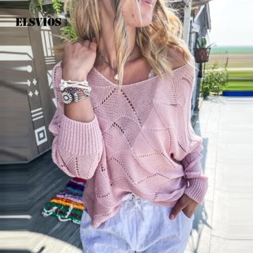 Sexy V-Neck Hollow Out Solid Color Sweater 2021 Autumn Casual Batwing Long Sleeve Thin Knit Tops Women Loose Streetwear Pullover