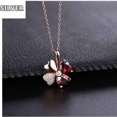 Luxury Korean Lucky Clover Necklace Natural Garnet Pendant Amethyst Necklace female clavicle chain silver jewelry