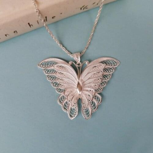 999 Sterling Silver Butterfly Pendant Necklace Women Big Luxury Jewelry Vintage Ethnic Handmade Pendants Valentines Day Gift